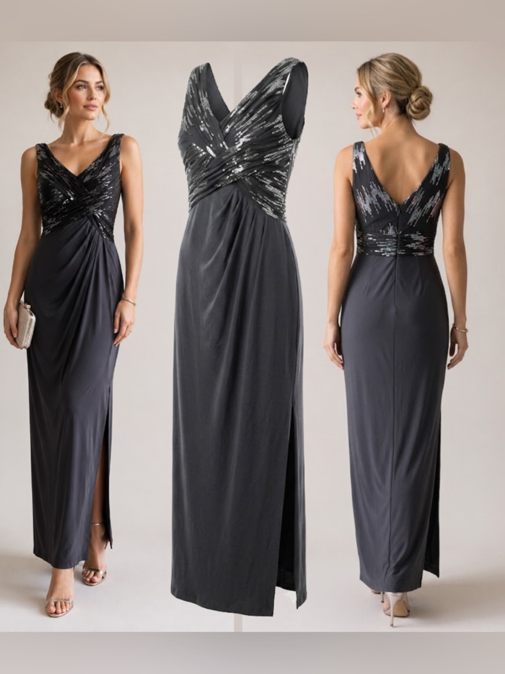 Lauren Ralph Lauren Evening Gown Sequin Maxi Dress Sequin Mesh Ruched Gray MOB 4